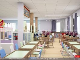 Các Khu Vui Chơi Tại Quận 7 Khu vui chơi trẻ em trong nhà với dãy bàn ghế gỗ, ghế màu pastel và các ngôi nhà chơi nhỏ