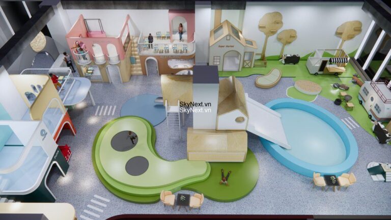 Trẻ em chơi và học trong khu trải nghiệm giáo dục nhỏ gọn