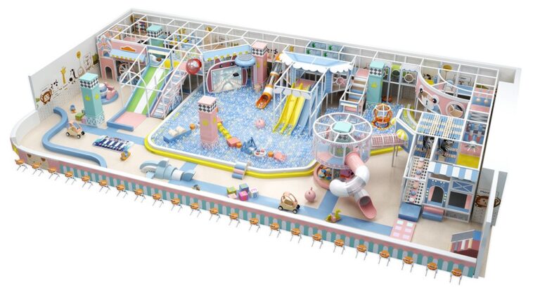 Không gian sân chơi nhỏ đa chức năng với tường leo, bậc nhảy và góc sensory